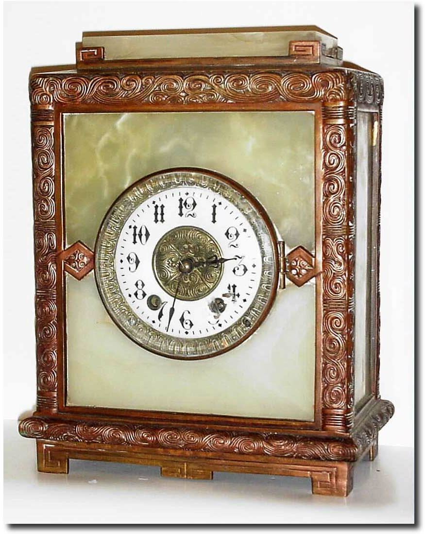 C.1895, New Haven Clock Co., an unusual onyx and bronze clock, similar to the Albatross, also known as the style No. 1017, Low Tile Model. — Antique Clocks Price Guide