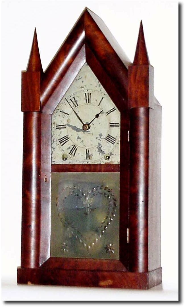 C.1845, Brewster and Ingraham 8-day steeple, with original cone finials and mahogany veneer intact. — Antique Clocks Price Guide