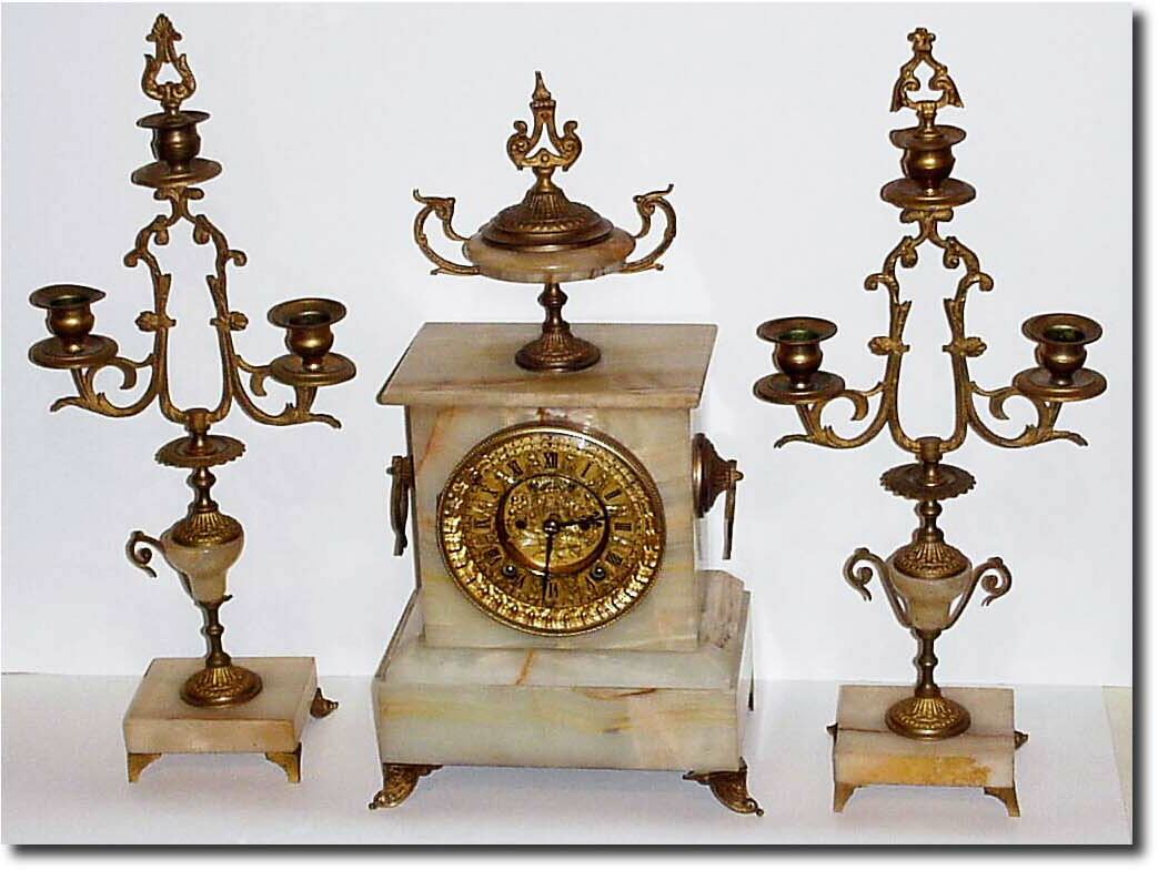 C.1890, Ansonia Clock Co., "AUGUSTA' 3-piece mantel set in good condition. — Antique Clocks Price Guide