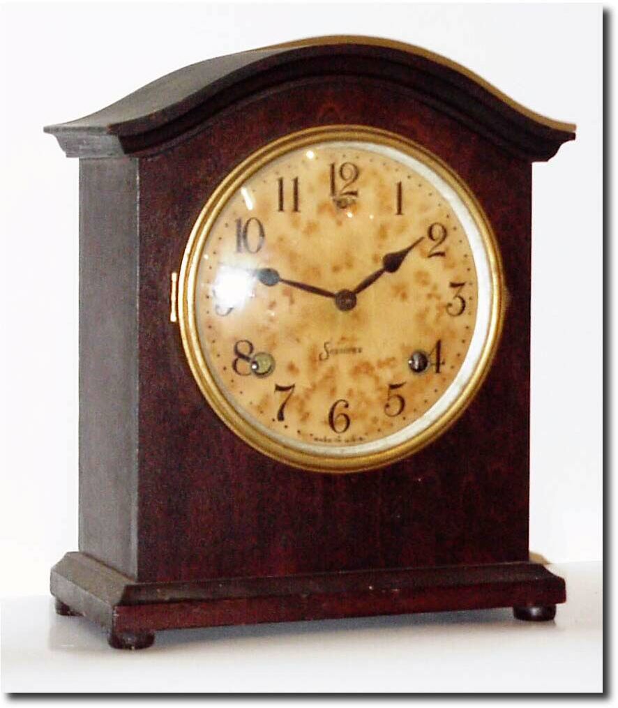 C.1910, Sessions Clock Co., Mahogany mantel clock, 8-day, hour and half hour strike on a gong. — Antique Clocks Price Guide