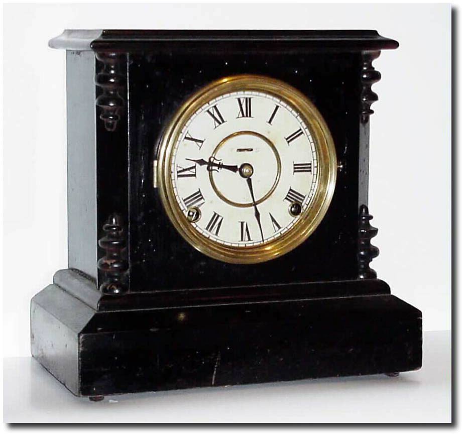 C.1900, Ingraham black enameled wood shelf clock, with restorations. — Antique Clocks Price Guide