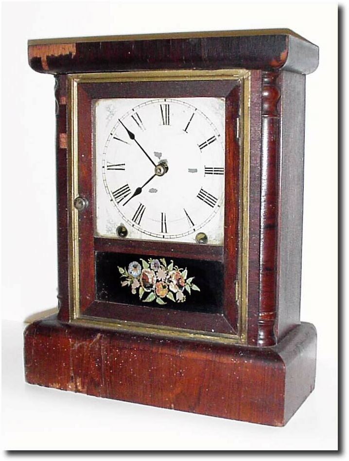 C.1875, New Haven Clock Co., 8-Day Cottage, a once elegant shelf clock, now with the veneer all loose. — Antique Clocks Price Guide
