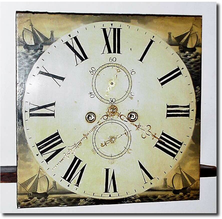 C.1840, Movement and Dial, 8-Day, English, the 14' square dial attractively painted with sail boats in each corner. — Antique Clocks Price Guide