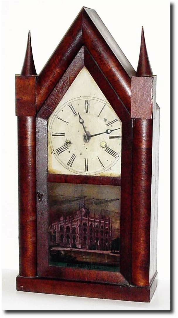 Mixed lot: A full size steeple case, C.1850, Brewster and Ingrahams, now with a C.1860 steel spring 30 hour movement, and with extra holes apparent in case. — Antique Clocks Price Guide
