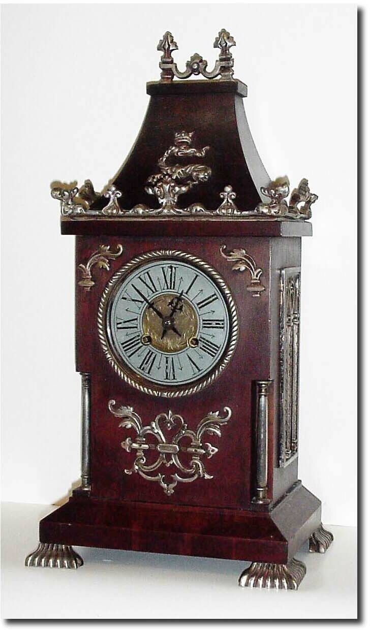 C.1890, French, Unusual Mantel Clock, Black walnut with silvered bronze mounts, feet and columns. — Antique Clocks Price Guide