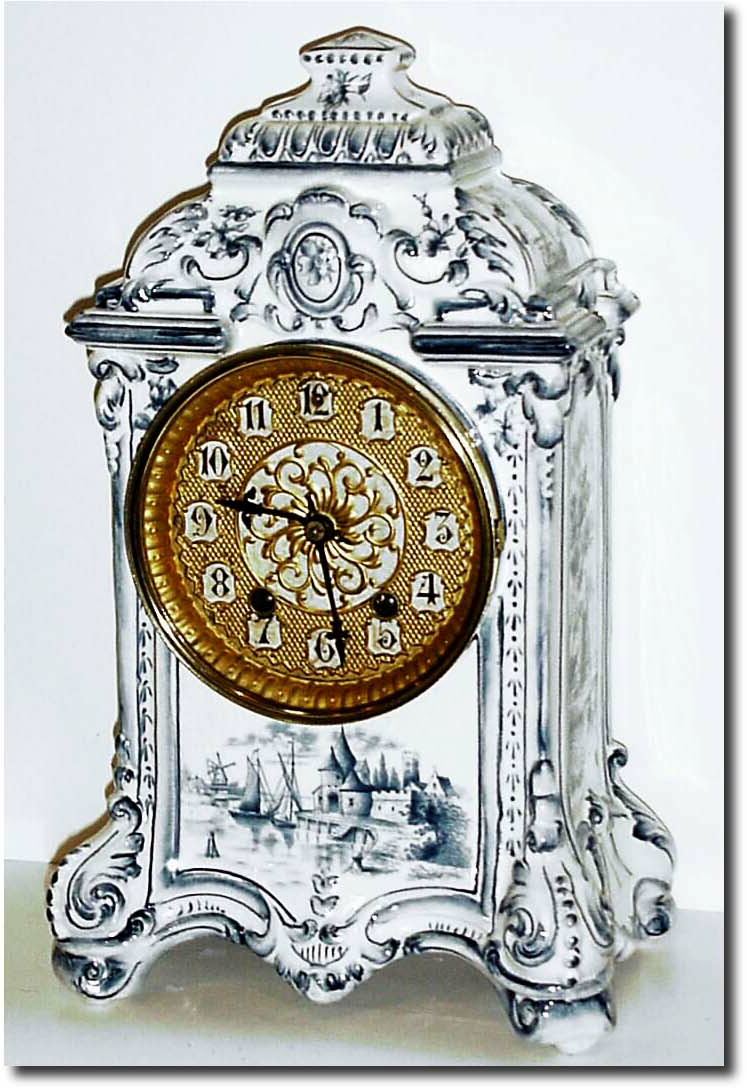 C.1895, Waterbury Clock Co., "Parlor No. 55, Delft' (label intact), in like new condition. — Antique Clocks Price Guide