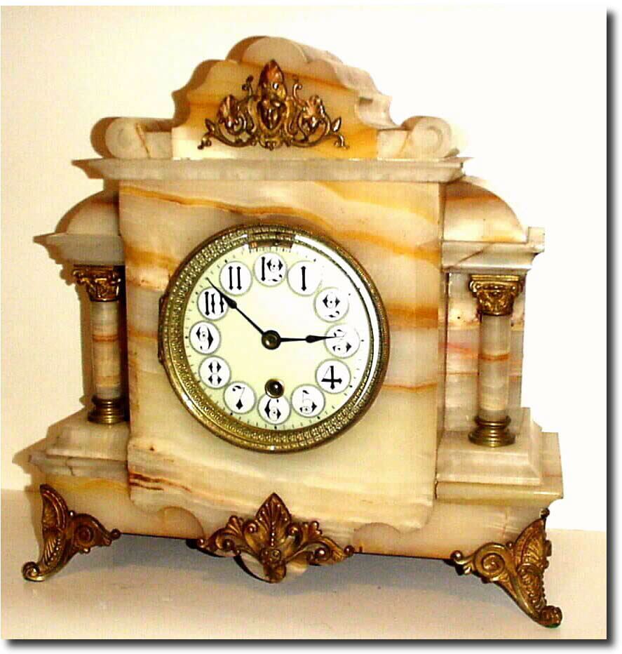 C.1890, Boston Clock Co., Tan Onyx mantel clock with gilt bronze ornamentation. — Antique Clocks Price Guide