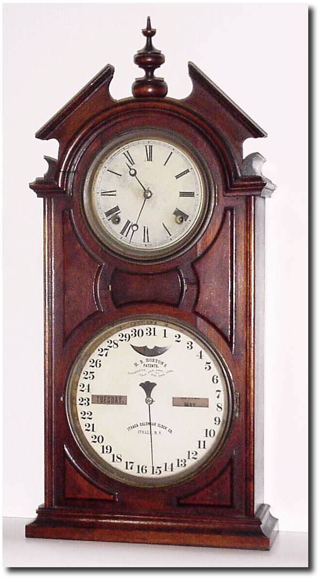 C.1900, (dated label), Ithaca "No. 8 Shelf Library' double dial, perpetual calendar clock, in walnut. — Antique Clocks Price Guide