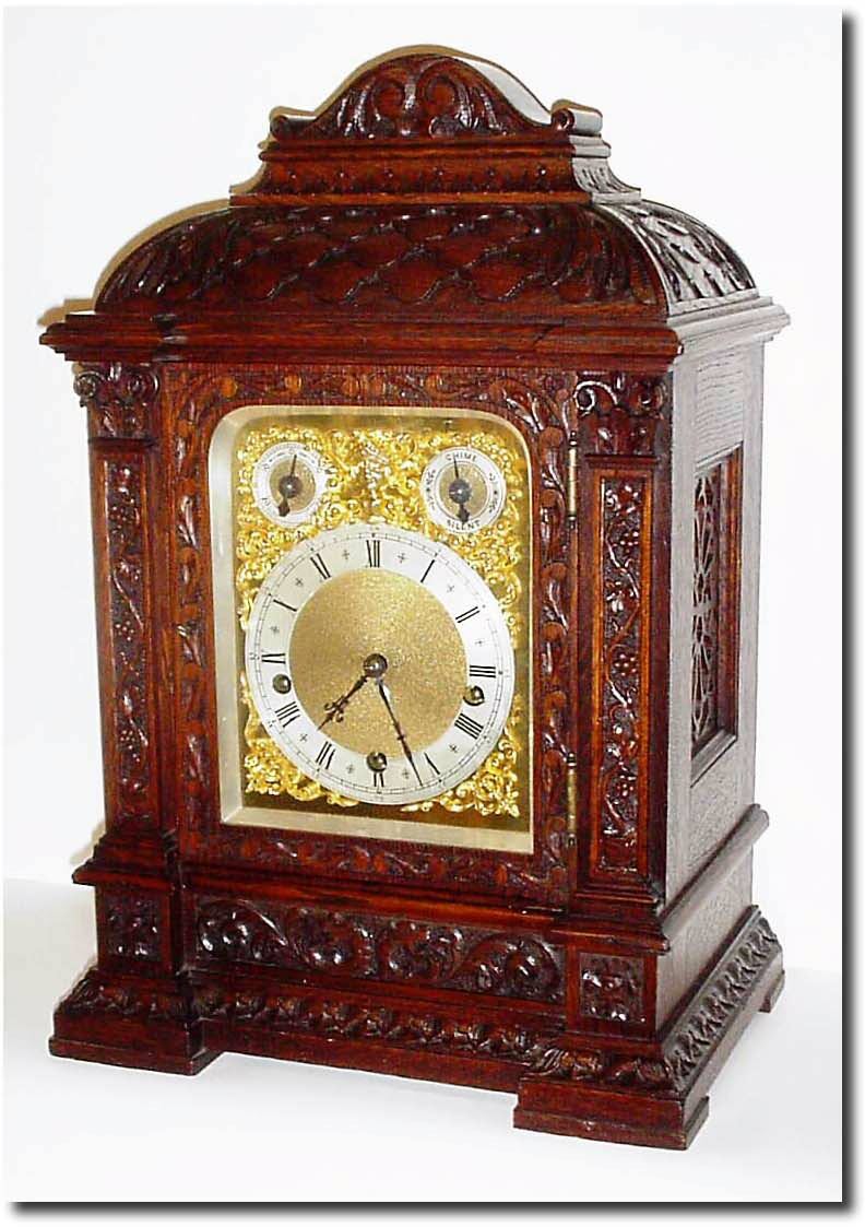 C.1890, German, Winterhalder and Hofmeier, 3-train bracket clock, chiming the quarter hours (Westminster tune) on 4 heavy flat wire gongs and sounding the hour on a 5th. — Antique Clocks Price Guide