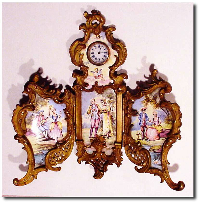 C.1890, French, Miniature "Screen' in the Louis XVI style, with a watch movement providing the time on a tiny porcelain dial with blue numerals. — Antique Clocks Price Guide