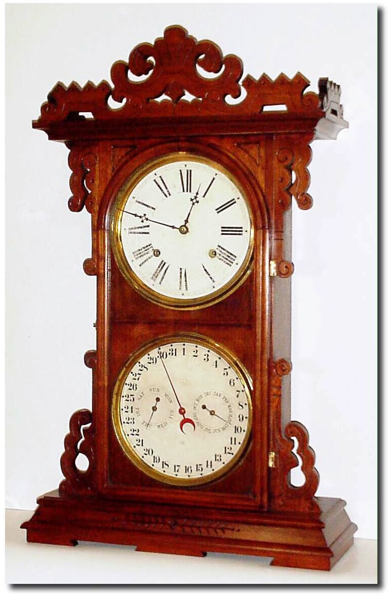 C.1886, E.N. Welch, "Arditi' Double Dial, with patent D. J. Gale perpetual calendar, the unique lower dial giving the day and month on small inner dials, and the date around the circumference (pat, 4-21-85). — Antique Clocks Price Guide
