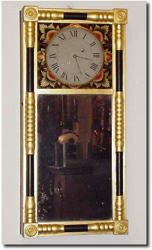 C.1830, New Hampshire Mirror Clock, a Quaker clock attributed to Wm. Purington, Lancaster, NH. — Antique Clocks Price Guide
