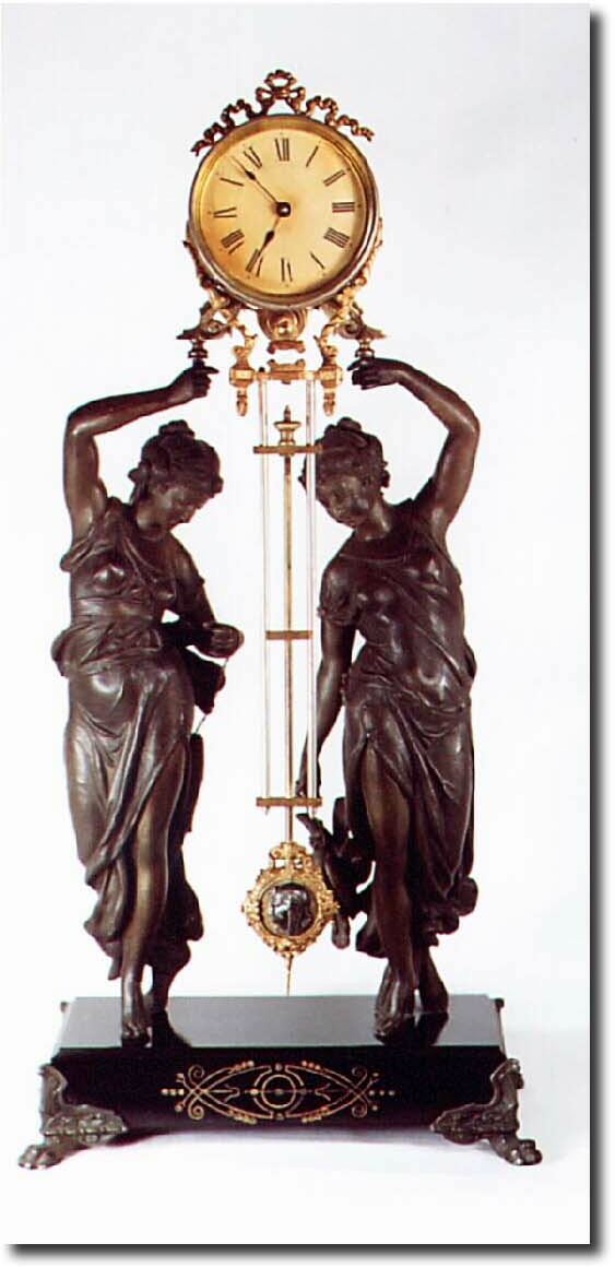 C.1890, Ansonia Clock Co., "Huntress and Fisher' double statue swing clock. — Antique Clocks Price Guide
