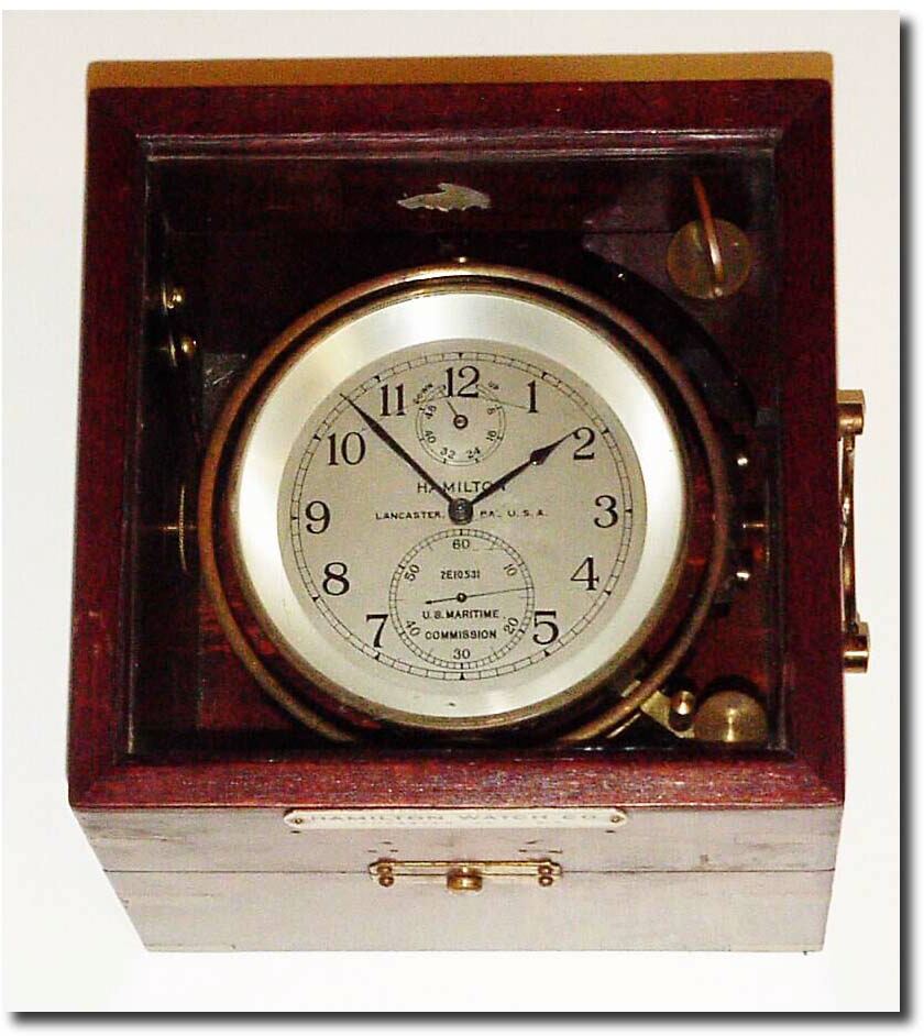 C.1946, Hamilton Watch Co., Lancaster, PA, Model 21 ship"s chronometer, made especially for the U.S. Maritime Commission, and so engraved on dial (see detail photo). — Antique Clocks Price Guide