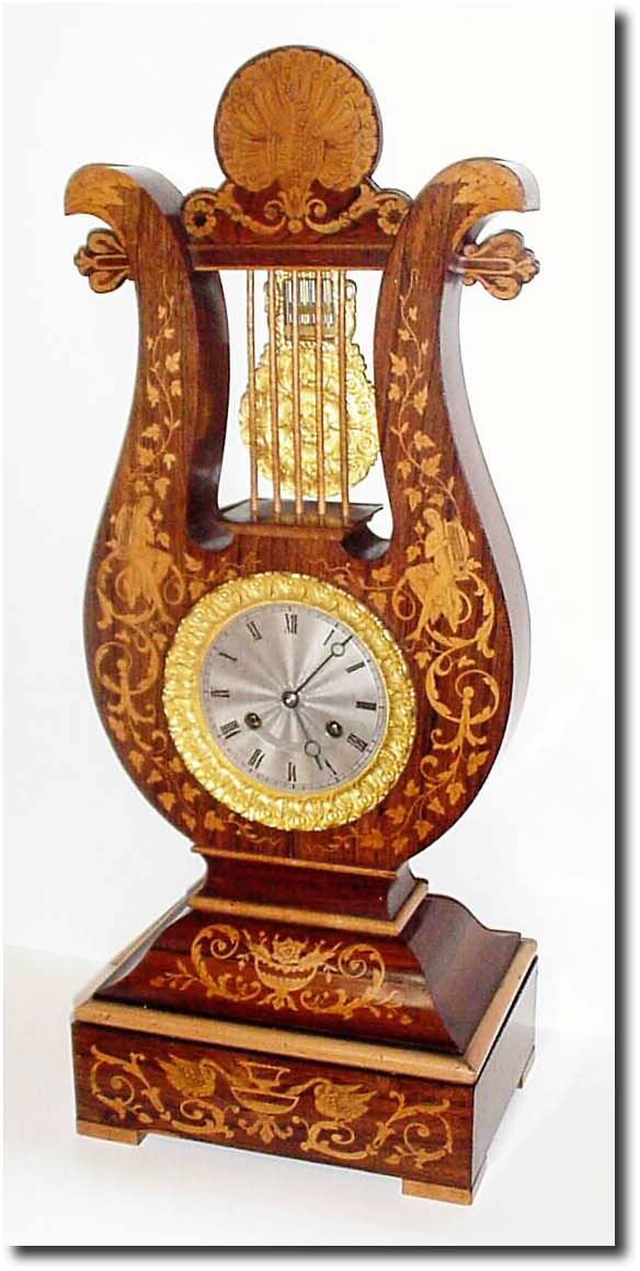 C.1850, French, Lyre Clock, Rosewood with satinwood inlay. — Antique Clocks Price Guide