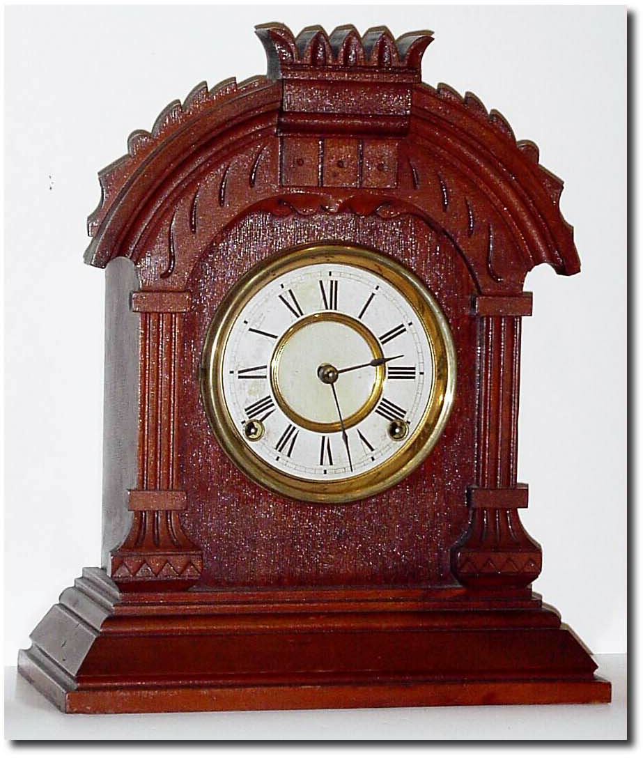 C.1885, Ansonia, "Tunis' in excellent original condition, with good dial, nice patina on mahogany case with original caramel color finish. — Antique Clocks Price Guide