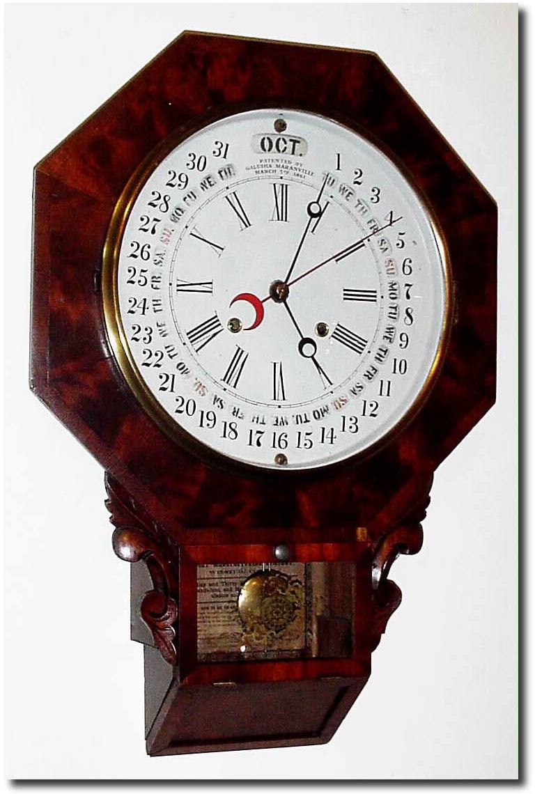 C.1870, Gilbert Manufacturing Co., Winsted, Conn, "Octagon Drop Calendar' with patent Galusha Maranville dial, nicely restored. — Antique Clocks Price Guide
