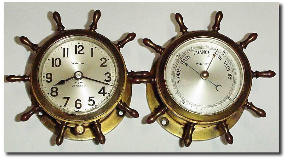 C.1929, Waterbury "Motor Boat No. 2' Ship"s clock, with matching Waterbury Barometer intact. — Antique Clocks Price Guide