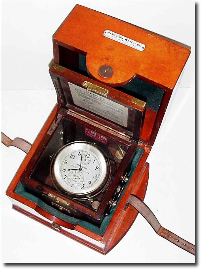 C.1941 (dated dial), Hamilton Watch Co, Lancaster, Pa., "Model 21' Chronometer in excellent original condition with outer carry box intact with original padded lining. — Antique Clocks Price Guide