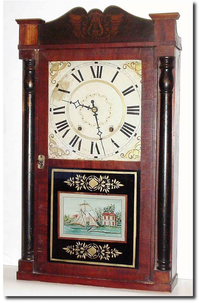 C.1830, Salem Holman, Hartford, Conn, 30 hour wooden works, stenciled column and splat. — Antique Clocks Price Guide