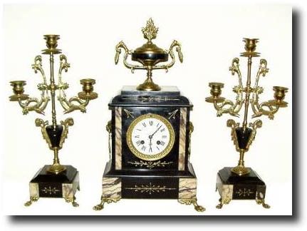 C.1900, French, Black Marble and Onyx 3-Piece mantel set (with bronze trim). — Antique Clocks Price Guide