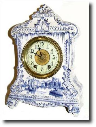 C.1905, Waterbury Blue Delft china clock — Antique Clocks Price Guide