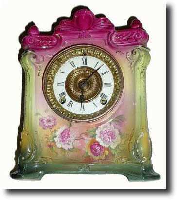 C.1915, Ansonia Clock Co., "La Seine" Royal Bonn porcelain china mantel clock — Antique Clocks Price Guide
