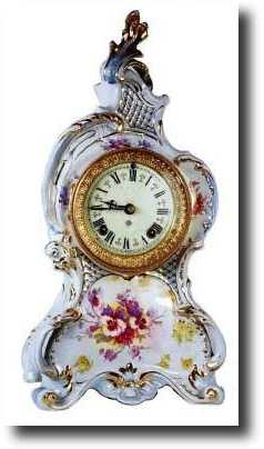 C.1895, Ansonia, Royal Bonn "La Capelle", china mantel clock — Antique Clocks Price Guide