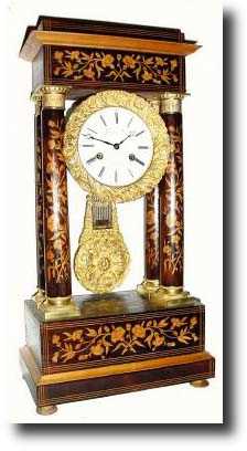 C.1875, French, Inlaid 4 column Empire mantel clock — Antique Clocks Price Guide