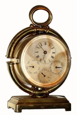 C.1900, French, Brass Cased, Time and Calendar desk clock, with 4 indications: time at top, followed by day, date and month. — Antique Clocks Price Guide