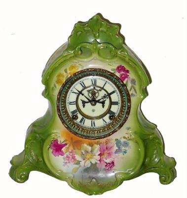 C.1904 Ansonia Clock Co., "La Normandie", 8-day time/strike porcelain mantel clock in medium green. — Antique Clocks Price Guide