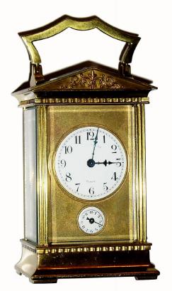 C.1900, French Brass Cased Carriage clock, an architectural case, time and alarm on a base mounted bell. — Antique Clocks Price Guide