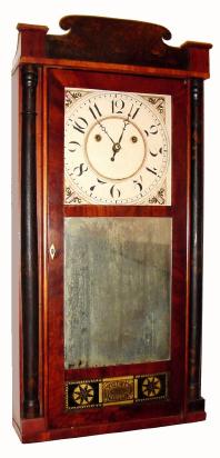 C.1830, Silas Hoadley, "Time is Money" 30-hour time/strike half column and splat wood movement shelf clock,. — Antique Clocks Price Guide