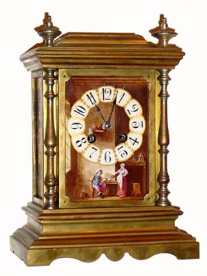 C.1890 French, cast brass mantel clock, 8-day time and gong strike, with hand painted panels signed H. Desprez. — Antique Clocks Price Guide