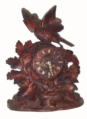 C.1880 Swiss, Euenberger Interlaken, carved wooden case mantel clock, 8-day time/strike. — Antique Clocks Price Guide