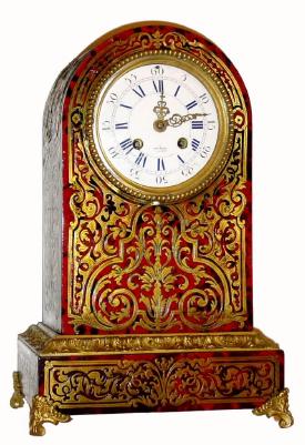 C.1830, French, Henry Marc, Paris, inlaid boulle style mantel clock, movement with silk thread suspension, countwheel strike on a bell, and finely tooled brass hands. — Antique Clocks Price Guide