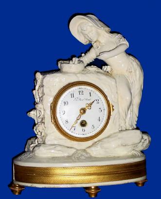 C.1875, French, White Porcelain figural clock, 8-day timepiece, dial signed Gilles l'Aine, a girl feeding birds at a bird bath. — Antique Clocks Price Guide