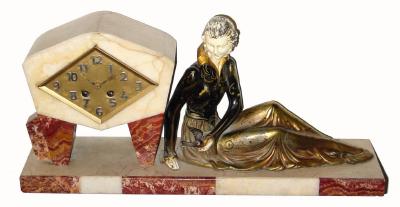 C.1920 French, 8-day time/strike marble and spelter mantel clock, classic Art Deco with decorated figure. — Antique Clocks Price Guide