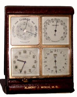 C.1930, Swiss, "Angelus", 8-day time/calendar/temperature/barometer desk or travel time and weather center. — Antique Clocks Price Guide