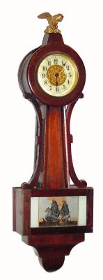 Mixed lot: C.1911, New Haven Clock Co., "Willmar", 8-day banjo case, now with French movement (an apparent "upgrade"?). — Antique Clocks Price Guide