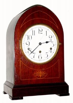 C.1900, German, Westminster Chime mantel clock in a mahogany case with inlay, 8-day. — Antique Clocks Price Guide