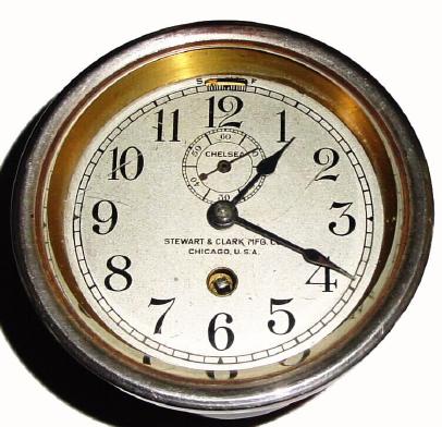 C.1909 Chelsea Clock Co., 8-day timepiece serial No. 46705, in a brass tub, for use in a vehicle or instrument panel. — Antique Clocks Price Guide