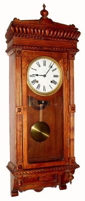C.1970, Westminster Clock Co., Korea 8-day time/strike regulator clock, reproduction of Waterbury wall model. — Antique Clocks Price Guide