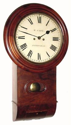 C.1860, English, 2-fusee Drop Dial clock, with 11" painted dial, signed W. Cope, Nottingham. — Antique Clocks Price Guide