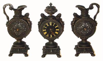 C.1886, Ansonia Clock Co., Etruscan, mantel timepiece and pitcher set. — Antique Clocks Price Guide