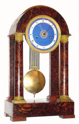 C.1830 French, 4-pillar Empire, 8-day time/strike silk thread suspension mantel clock, with blue/white porcelain dial and grid pendulum. — Antique Clocks Price Guide