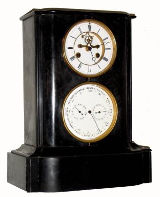 C.1890, French, Japy, double dial black marble calendar clock, 8-day time/strike. — Antique Clocks Price Guide