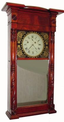 C.1830, Asa Munger, Auburn, NY, 8-day time/strike "Flat-top or Ironing Board Top" carved column and cornice wall or shelf timepiece. — Antique Clocks Price Guide