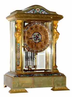 C.1900, French, Onyx, Marble and Ormolu 4-glass crystal regulator with mercury pendulum, and multi color enameling on the base, side columns dial center, bezel and pendulum. — Antique Clocks Price Guide