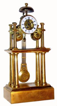 C.1850, French, LeRoy, 2-train Portico Skeleton clock, grid pendulum, bell strike, less dome. — Antique Clocks Price Guide